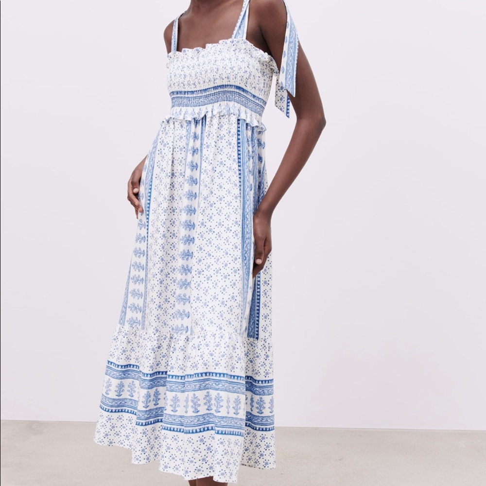 NWT Zara Blue & White Printed Midi Dress